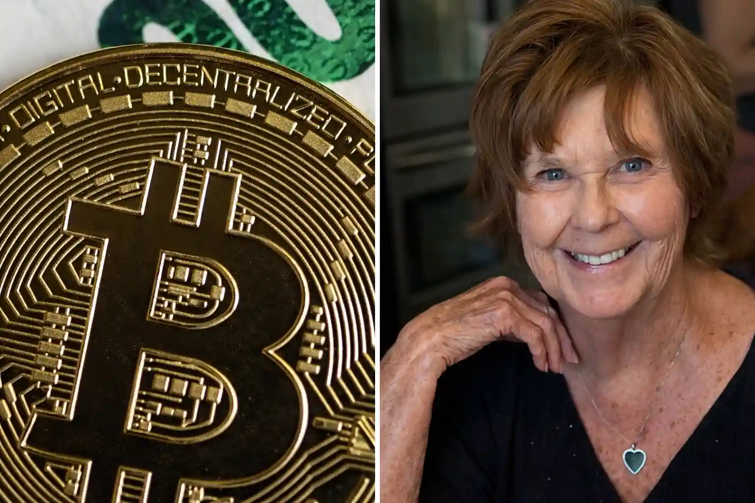 Bitcoin coin illustration alongside a portrait of missing Tucson kidnapping victim Nancy Guthrie