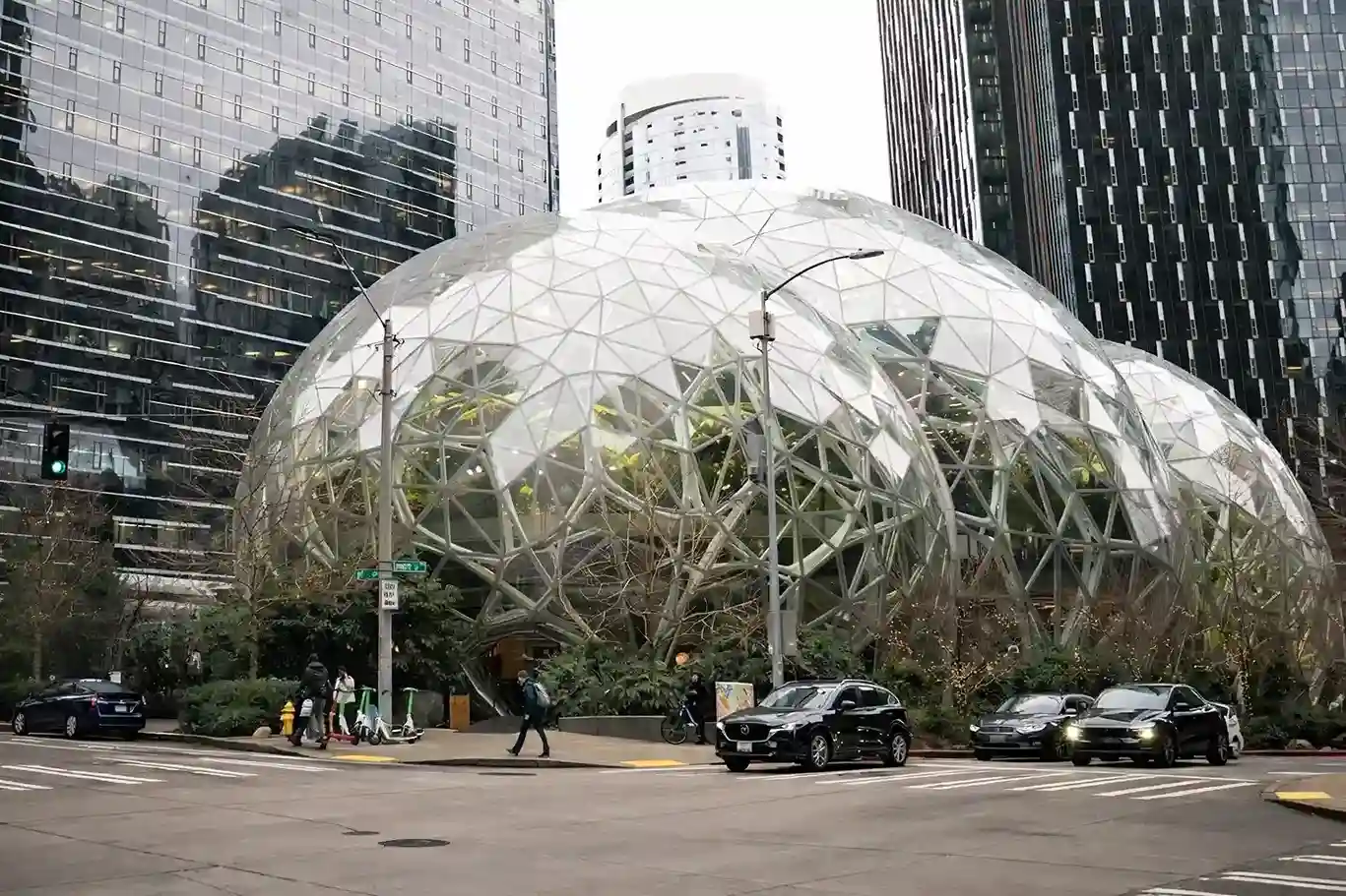 Amazon Spheres building in Seattle with surrounding office buildings